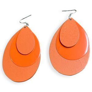 Orange Triple Layer Teardrop Statement Earrings Wood Resin Dangle Fishhook